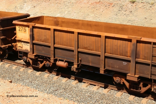 0275 160306 1323
Robe River ore waggon 275, built by Nippon Sharyo Nihon, fixed coupler non-handbrake side empty partial view at Greenpool on the Cape Lambert line. March 6, 2016.
Keywords: 275;Nippon-Sharyo-Nihon;Robe-ore-waggon;