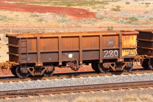 0280 141124 6813
Robe River ore waggon 280, built by Nippon Sharyo Nihon, fixed coupler handbrake side empty view at the 25 km at Arches Siding on the Cape Lambert line. November 24, 2014.
Keywords: 280;Nippon-Sharyo-Nihon;Robe-ore-waggon;