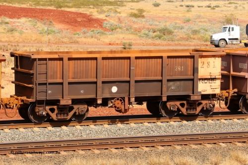 0281 141124 6817
Robe River ore waggon 281, built by Nippon Sharyo Nihon, fixed coupler handbrake side empty view at the 25 km at Arches Siding on the Cape Lambert line. November 24, 2014.
Keywords: 281;Nippon-Sharyo-Nihon;Robe-ore-waggon;