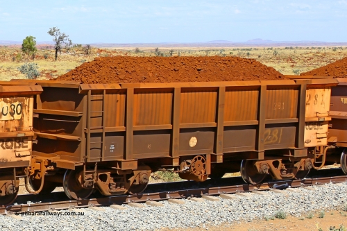 0281 170729 0209
Robe River ore waggon 281, built by Nippon Sharyo Nihon, fixed coupler handbrake side loaded view at the 103 km, between Maitland Siding and the Fortescue River on the Deepdale line. July 29, 2017.
Keywords: 281;Nippon-Sharyo-Nihon;Robe-ore-waggon;