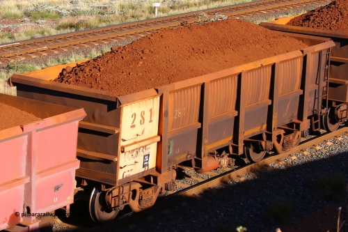 0281 210322 9790
Robe River ore waggon 281, built by Nippon Sharyo Nihon, rotary coupler end non-handbrake side loaded view at the 17 km on the Cape Lambert line, March 22, 2021.
Keywords: 281;Nippon-Sharyo-Nihon;Robe-ore-waggon;
