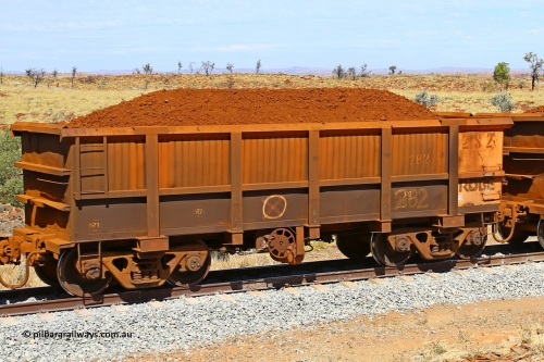 0282 170729 0216
Robe River ore waggon 282, built by Nippon Sharyo Nihon, fixed coupler handbrake side loaded view at the 103 km, between Maitland Siding and the Fortescue River on the Deepdale line. July 29, 2017.
Keywords: 282;Nippon-Sharyo-Nihon;Robe-ore-waggon;