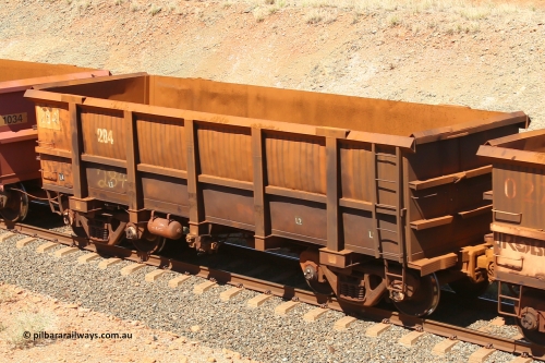 0284 160306 1296
Robe River ore waggon 284, built by Nippon Sharyo Nihon, fixed coupler non-handbrake side empty view at Greenpool on the Cape Lambert line. March 6, 2016.
Keywords: 284;Nippon-Sharyo-Nihon;Robe-ore-waggon;