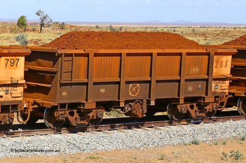 0288 170729 0242
Robe River ore waggon 288, built by Nippon Sharyo Nihon, fixed coupler handbrake side loaded view at the 103 km, between Maitland Siding and the Fortescue River on the Deepdale line. July 29, 2017.
Keywords: 288;Nippon-Sharyo-Nihon;Robe-ore-waggon;