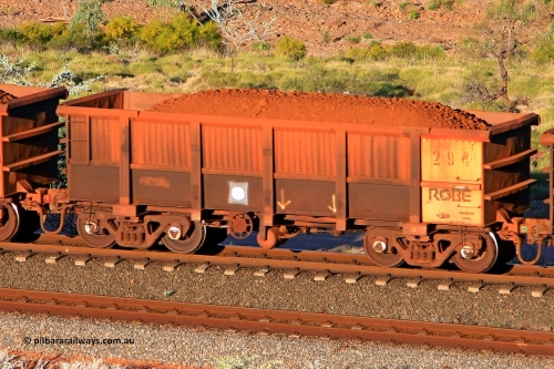 0294 110602 1736
Robe River ore waggon 294, built by Nippon Sharyo Nihon, rotary coupler end handbrake side loaded view at the 71 km, Western Creek on the Deepdale line. June 2, 2011.
Keywords: 294;Nippon-Sharyo-Nihon;Robe-ore-waggon;