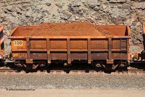 0328 160306 1512
Robe River ore waggon 328, built by Nippon Sharyo Nihon, fixed coupler non-handbrake side loaded view at the 45 km, Harding Siding on the Cape Lambert line. March 6, 2016.
Keywords: 328;Nippon-Sharyo-Nihon;Robe-ore-waggon;