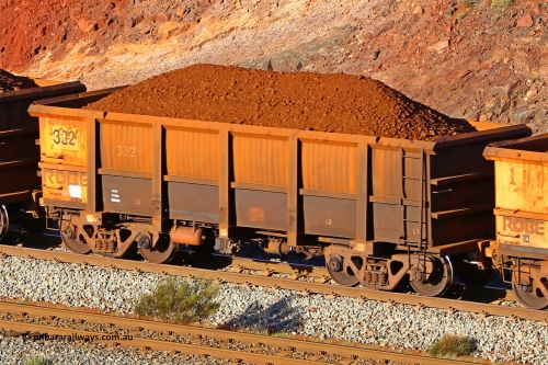 0332 180616 1647
Robe River ore waggon 332, built by Nippon Sharyo Nihon, fixed coupler non-handbrake side loaded view at the 38.5 km, Harding on the Cape Lambert line, June 16, 2018.
Keywords: 332;Nippon-Sharyo-Nihon;Robe-ore-waggon;