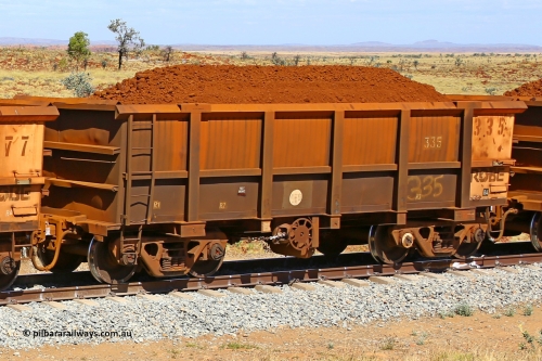 0335 170729 0245
Robe River ore waggon 335, built by Nippon Sharyo Nihon, fixed coupler handbrake side loaded view at the 103 km, between Maitland Siding and the Fortescue River on the Deepdale line. July 29, 2017.
Keywords: 335;Nippon-Sharyo-Nihon;Robe-ore-waggon;