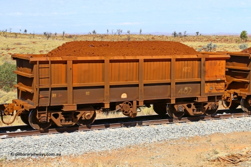 0402 170729 0233
Robe River ore waggon 402, built by Tomlinson Steel WA, fixed coupler handbrake side loaded view at the 103 km, between Maitland Siding and the Fortescue River on the Deepdale line. July 29, 2017.
Keywords: 402;Tomlinson-Steel-WA;Robe-ore-waggon;