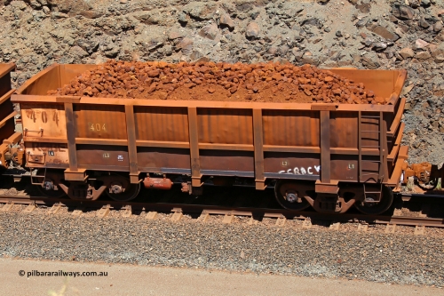 0404 160306 1669
Robe River ore waggon 404, built by Tomlinson Steel WA, fixed coupler non-handbrake side loaded view at the 45 km, Harding Siding on the Cape Lambert line. March 6, 2016.
Keywords: 404;Tomlinson-Steel-WA;Robe-ore-waggon;