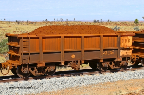 0406 170729 0253
Robe River ore waggon 406, built by Tomlinson Steel WA, fixed coupler handbrake side loaded view at the 103 km, between Maitland Siding and the Fortescue River on the Deepdale line. July 29, 2017.
Keywords: 406;Tomlinson-Steel-WA;Robe-ore-waggon;