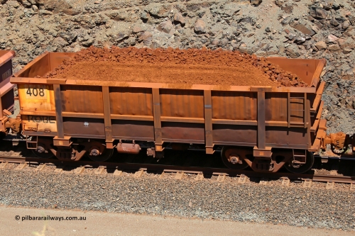 0408 160306 1614
Robe River ore waggon 408, built by Tomlinson Steel WA, fixed coupler non-handbrake side loaded view at the 45 km, Harding Siding on the Cape Lambert line. March 6, 2016.
Keywords: 408;Tomlinson-Steel-WA;Robe-ore-waggon;