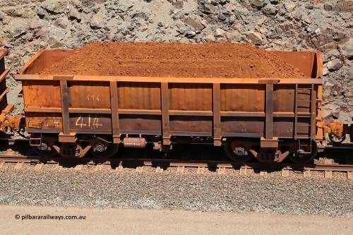 0414 160306 1544
Robe River ore waggon 414, built by Tomlinson Steel WA, fixed coupler non-handbrake side loaded view at the 45 km, Harding Siding on the Cape Lambert line. March 6, 2016.
Keywords: 414;Tomlinson-Steel-WA;Robe-ore-waggon;