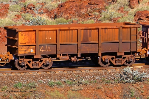 0414 180616 1694
Robe River ore waggon 414, built by Tomlinson Steel WA, rotary coupler end non-handbrake side empty view at the 38 km, Harding on the Cape Lambert line, June 16, 2018.
Keywords: 414;Tomlinson-Steel-WA;Robe-ore-waggon;