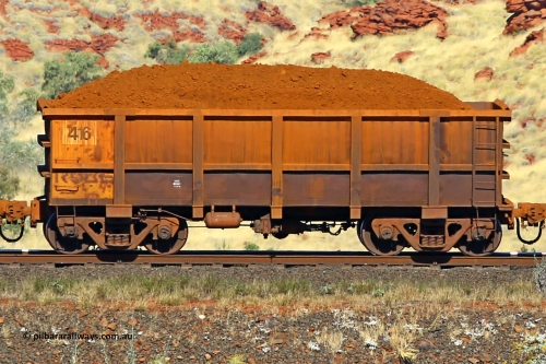 0416 170728 09944
Robe River ore waggon 416, built by Tomlinson Steel WA, non-handbrake side loaded view at the 72 km, Western Creek on the Deepdale line. July 28, 2017.
Keywords: 416;Tomlinson-Steel-WA;Robe-ore-waggon;