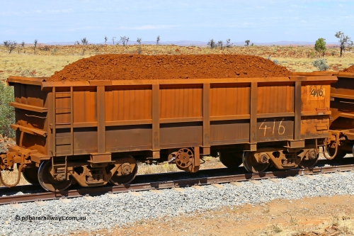 0416 170729 0208
Robe River ore waggon 416, built by Tomlinson Steel WA, fixed coupler handbrake side loaded view at the 103 km, between Maitland Siding and the Fortescue River on the Deepdale line. July 29, 2017.
Keywords: 416;Tomlinson-Steel-WA;Robe-ore-waggon;