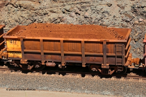 0417 160306 1622
Robe River ore waggon 417, built by Tomlinson Steel WA, fixed coupler non-handbrake side loaded view at the 45 km, Harding Siding on the Cape Lambert line. March 6, 2016.
Keywords: 417;Tomlinson-Steel-WA;Robe-ore-waggon;