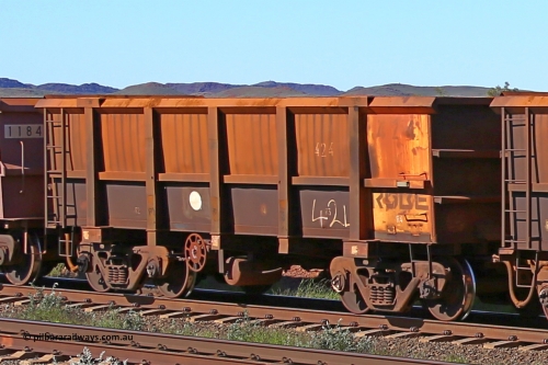 0424 160727 0962
Robe River ore waggon 424, built by Tomlinson Steel WA, rotary coupler end handbrake side empty view at Harding Siding on the Cape Lambert line, July 27, 2016.
Keywords: 424;Tomlinson-Steel-WA;Robe-ore-waggon;