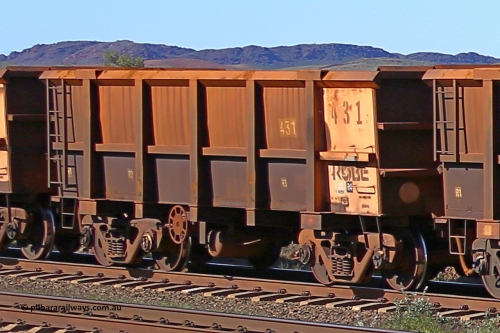 0431 160727 0967
Robe River ore waggon 431, built by Tomlinson Steel WA, rotary coupler end handbrake side empty view at Harding Siding on the Cape Lambert line, July 27, 2016.
Keywords: 431;Tomlinson-Steel-WA;Robe-ore-waggon;