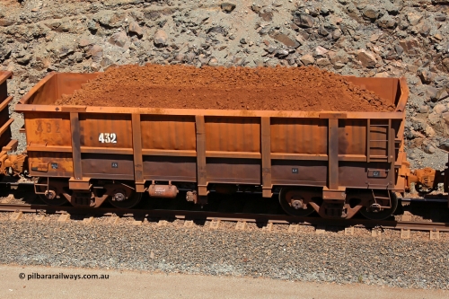 0432 160306 1606
Robe River ore waggon 432, built by Tomlinson Steel WA, fixed coupler non-handbrake side loaded partial view of end, at the 45 km, Harding Siding on the Cape Lambert line. March 6, 2016.
Keywords: 432;Tomlinson-Steel-WA;Robe-ore-waggon;