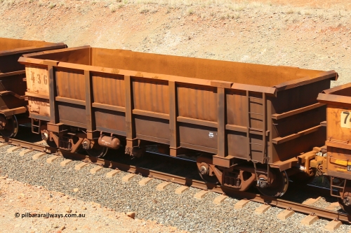 0436 160306 1256
Robe River ore waggon 436, built by Tomlinson Steel WA, fixed coupler non-handbrake side empty view at Greenpool on the Cape Lambert line. March 6, 2016.
Keywords: 436;Tomlinson-Steel-WA;Robe-ore-waggon;