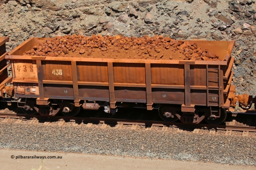 0438 160306 1662
Robe River ore waggon 438, built by Tomlinson Steel WA, fixed coupler non-handbrake side loaded view, at the 45 km, Harding Siding on the Cape Lambert line. March 6, 2016.
Keywords: 438;Tomlinson-Steel-WA;Robe-ore-waggon;