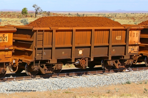 0438 170729 0241
Robe River ore waggon 438, built by Tomlinson Steel WA, fixed coupler handbrake side loaded view at the 103 km, between Maitland Siding and the Fortescue River on the Deepdale line. July 29, 2017.
Keywords: 438;Tomlinson-Steel-WA;Robe-ore-waggon;