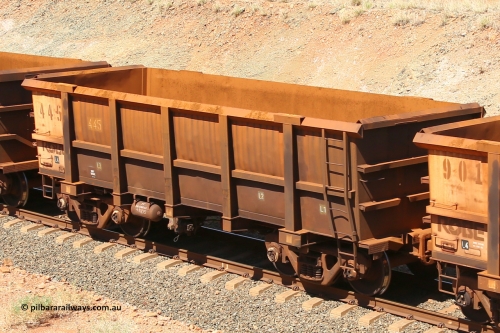 0445 160306 1319
Robe River ore waggon 445, built by Tomlinson Steel WA, fixed coupler non-handbrake side empty view at Greenpool on the Cape Lambert line. March 6, 2016.
Keywords: 445;Tomlinson-Steel-WA;Robe-ore-waggon;