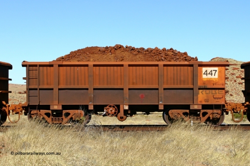0447 060722 7499
Robe River ore waggon 447, built by Tomlinson Steel WA, handbrake side loaded view at the 78.8 km between Western Creek and Maitland on the Deepdale line. July 22, 2006.
Keywords: 447;Tomlinson-Steel-WA;Robe-ore-waggon;