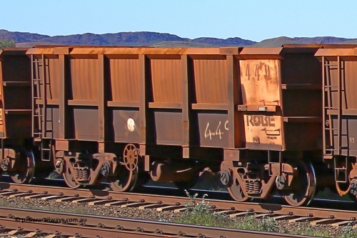 0449 160727 0971
Robe River ore waggon 449, built by Tomlinson Steel WA, rotary coupler end handbrake side empty view at Harding Siding on the Cape Lambert line, July 27, 2016.
Keywords: 449;Tomlinson-Steel-WA;Robe-ore-waggon;