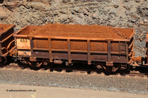 0453 160306 1634
Robe River ore waggon 453, built by Tomlinson Steel WA, fixed coupler non-handbrake side loaded view, at the 45 km, Harding Siding on the Cape Lambert line. March 6, 2016.
Keywords: 453;Tomlinson-Steel-WA;Robe-ore-waggon;