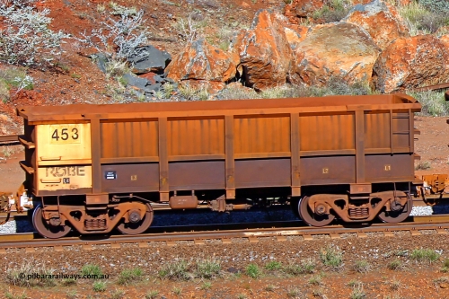 0453 180616 1703
Robe River ore waggon 453, built by Tomlinson Steel WA, rotary coupler end non-handbrake side empty view at the 38 km, Harding on the Cape Lambert line, June 16, 2018.
Keywords: 453;Tomlinson-Steel-WA;Robe-ore-waggon;