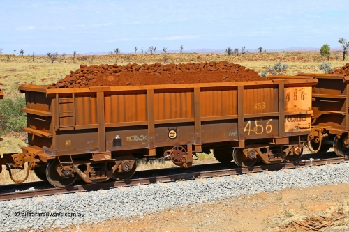 0456 170729 0196
Robe River ore waggon 456, built by Tomlinson Steel WA, fixed coupler handbrake side loaded view at the 103 km, between Maitland Siding and the Fortescue River on the Deepdale line. July 29, 2017.
Keywords: 456;Tomlinson-Steel-WA;Robe-ore-waggon;