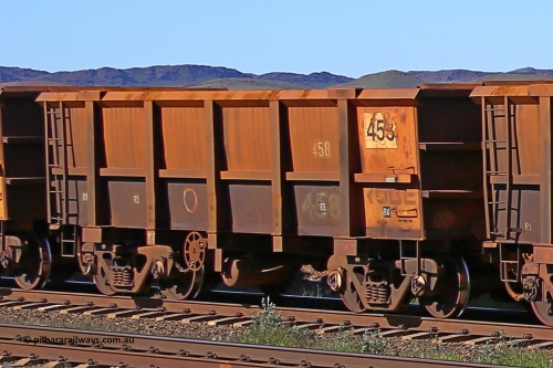 0458 160727 0982
Robe River ore waggon 458, built by Tomlinson Steel WA, rotary coupler end handbrake side empty view at Harding Siding on the Cape Lambert line, July 27, 2016.
Keywords: 458;Tomlinson-Steel-WA;Robe-ore-waggon;