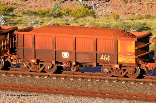 0464 110602 1703
Robe River ore waggon 464, built by Tomlinson Steel WA, rotary coupler end handbrake side loaded view at the 71 km, Western Creek on the Deepdale line. June 2, 2011.
Keywords: 464;Tomlinson-Steel-WA;Robe-ore-waggon;