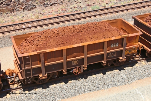 0464 160306 1485
Robe River ore waggon 464, built by Tomlinson Steel WA, fixed coupler handbrake side loaded view, at the 45 km, Harding Siding on the Cape Lambert line. March 6, 2016.
Keywords: 464;Tomlinson-Steel-WA;Robe-ore-waggon;
