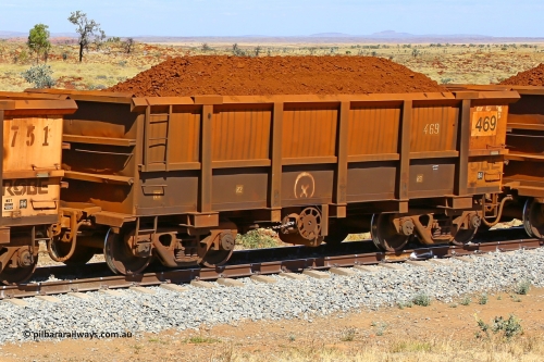 0469 170729 0226
Robe River ore waggon 469, built by Tomlinson Steel WA, fixed coupler handbrake side loaded view at the 103 km, between Maitland Siding and the Fortescue River on the Deepdale line. July 29, 2017.
Keywords: 469;Tomlinson-Steel-WA;Robe-ore-waggon;