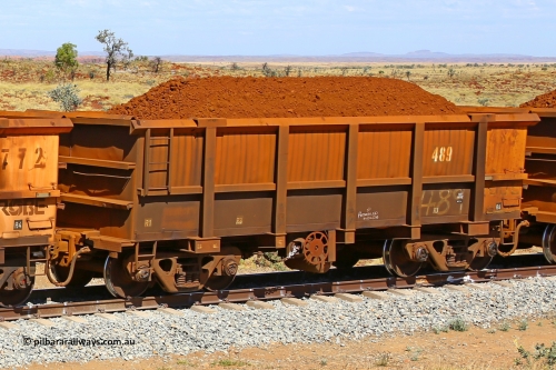 0489 170729 0240
Robe River ore waggon 489, built by Tomlinson Steel WA, fixed coupler handbrake side loaded view at the 103 km, between Maitland Siding and the Fortescue River on the Deepdale line. July 29, 2017.
Keywords: 489;Tomlinson-Steel-WA;Robe-ore-waggon;