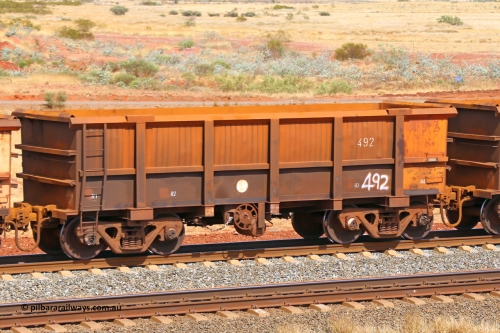 0492 141124 6779
Robe River ore waggon 492, built by Tomlinson Steel WA, fixed coupler handbrake side empty view at the 25 km at Arches Siding on the Cape Lambert line. November 24, 2014.
Keywords: 492;Tomlinson-Steel-WA;Robe-ore-waggon;