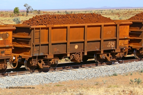 0492 170729 0198
Robe River ore waggon 492, built by Tomlinson Steel WA, fixed coupler handbrake side loaded view at the 103 km, between Maitland Siding and the Fortescue River on the Deepdale line. July 29, 2017.
Keywords: 492;Tomlinson-Steel-WA;Robe-ore-waggon;