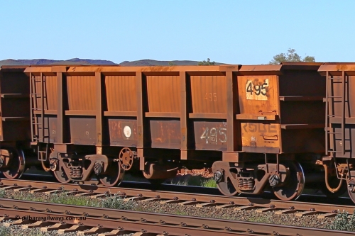 0495 160727 0973
Robe River ore waggon 495, built by Tomlinson Steel WA, rotary coupler end handbrake side empty view at Harding Siding on the Cape Lambert line, July 27, 2016.
Keywords: 495;Tomlinson-Steel-WA;Robe-ore-waggon;
