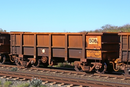 0500 160727 0951
Robe River ore waggon 500, built by Tomlinson Steel WA, rotary coupler end handbrake side empty view at Harding Siding on the Cape Lambert line, July 27, 2016.
Keywords: 500;Tomlinson-Steel-WA;Robe-ore-waggon;
