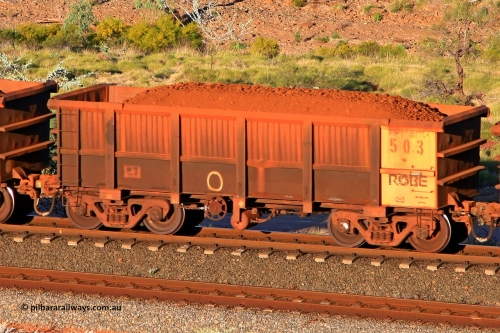 0503 110602 1739
Robe River ore waggon 503, built by Tomlinson Steel WA, rotary coupler end handbrake side loaded view at the 71 km, Western Creek on the Deepdale line. June 2, 2011.
Keywords: 503;Tomlinson-Steel-WA;Robe-ore-waggon;