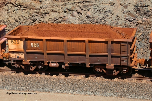 0525 160306 1625
Robe River ore waggon 525, built by Tomlinson Steel WA, fixed coupler non-handbrake side loaded view, at the 45 km, Harding Siding on the Cape Lambert line. March 6, 2016.
Keywords: 525;Tomlinson-Steel-WA;Robe-ore-waggon;