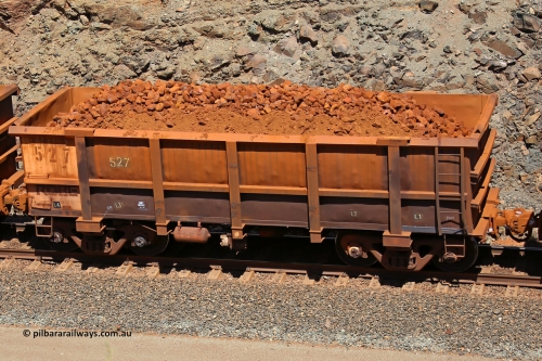 0527 160306 1667
Robe River ore waggon 527, built by Tomlinson Steel WA, fixed coupler non-handbrake side loaded view, at the 45 km, Harding Siding on the Cape Lambert line. March 6, 2016.
Keywords: 527;Tomlinson-Steel-WA;Robe-ore-waggon;