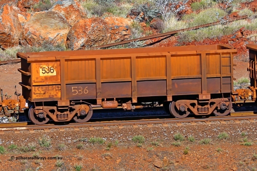 0536 180616 1712
Robe River ore waggon 536, built by Tomlinson Steel WA, rotary coupler end non-handbrake side empty view at the 38 km, Harding on the Cape Lambert line, June 16, 2018.
Keywords: 536;Tomlinson-Steel-WA;Robe-ore-waggon;