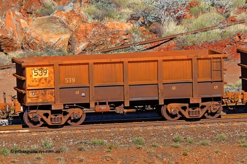 0539 180616 1713
Robe River ore waggon 539, built by Tomlinson Steel WA, rotary coupler end non-handbrake side empty view at the 38 km, Harding on the Cape Lambert line, June 16, 2018.
Keywords: 539;Tomlinson-Steel-WA;Robe-ore-waggon;