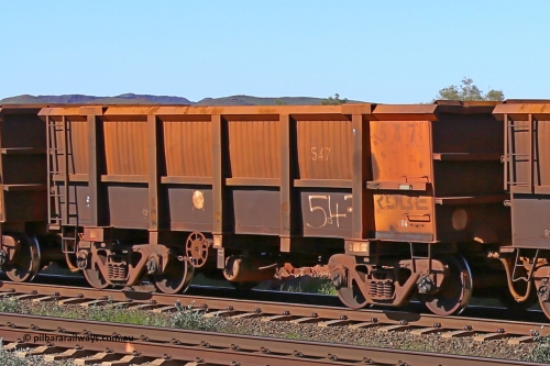 0547 160727 0974
Robe River ore waggon 547, built by Tomlinson Steel WA, rotary coupler end handbrake side empty view at Harding Siding on the Cape Lambert line, July 27, 2016.
Keywords: 547;Tomlinson-Steel-WA;Robe-ore-waggon;