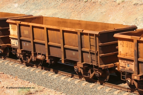 0553 160306 1332
Robe River ore waggon 553, built by Tomlinson Steel WA, fixed coupler non-handbrake side empty view at Greenpool on the Cape Lambert line. March 6, 2016.
Keywords: 553;Tomlinson-Steel-WA;Robe-ore-waggon;