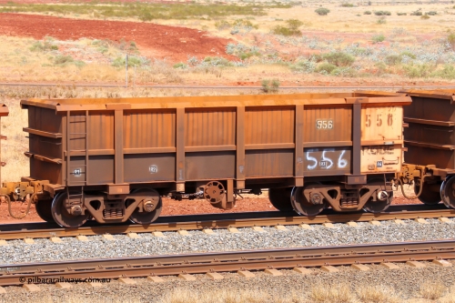 0556 141124 6840
Robe River ore waggon 556, built by Tomlinson Steel WA, fixed coupler handbrake side empty view at the 25 km at Arches Siding on the Cape Lambert line. November 24, 2014.
Keywords: 556;Tomlinson-Steel-WA;Robe-ore-waggon;